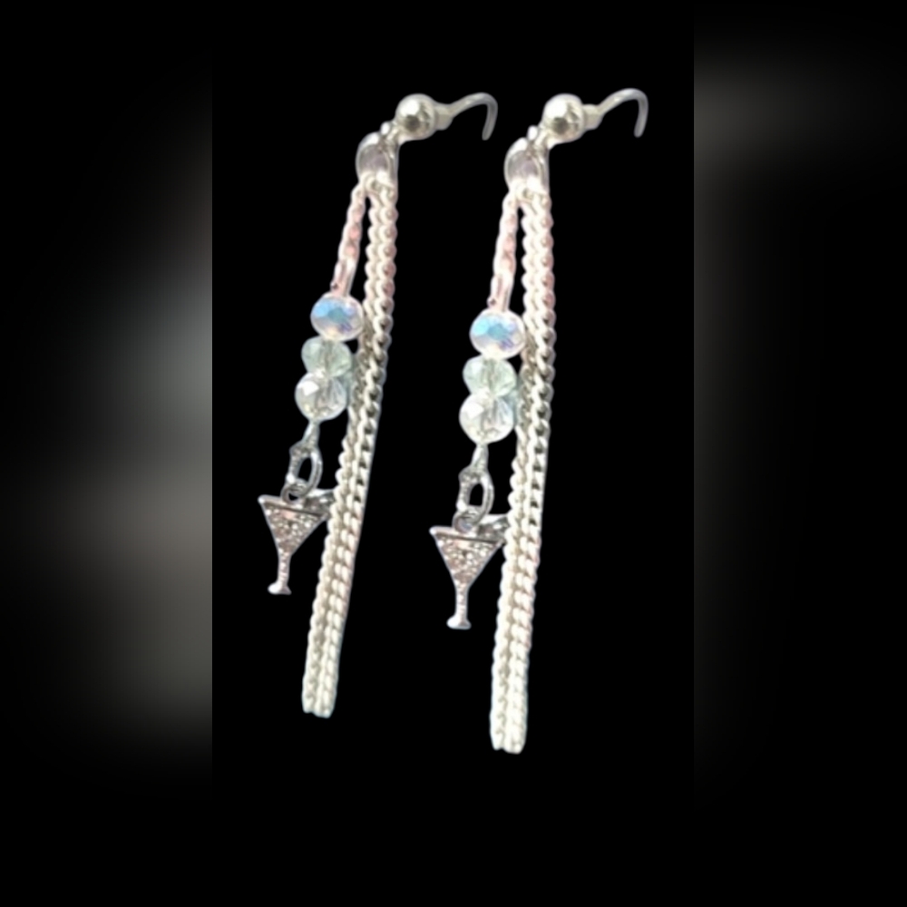 Sparkling Martini White Chain Dangle Earrings